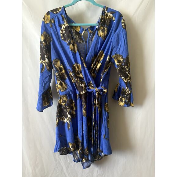 Free People '25 Royal Blue Floral Romper Rush Ruffles Wrap Front about Sz L-XL - Picture 4 of 16